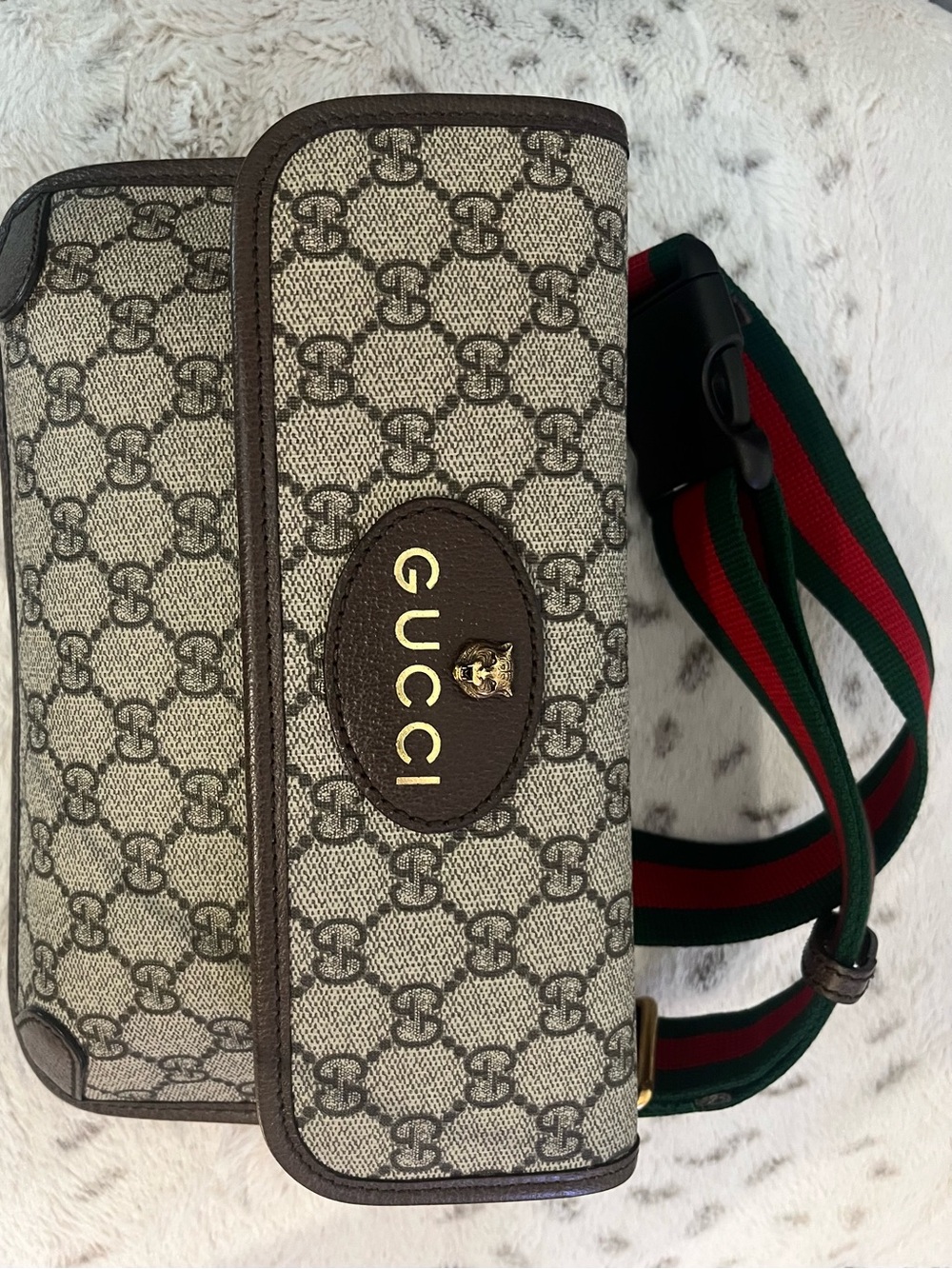 Gucci Brown GG Supreme Canvas Belt Bag with Green-Red Web Strap